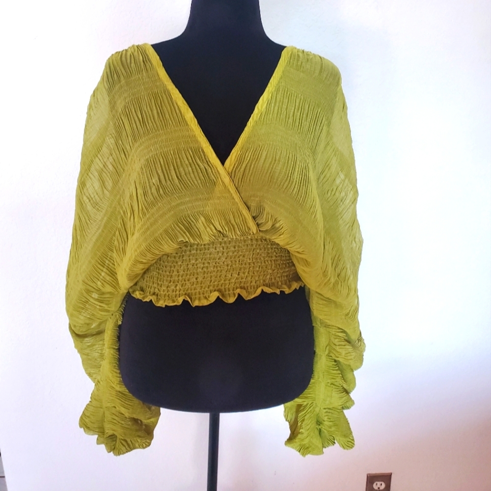 New! Women's Sheer Long Sleeve Waist Length Top Blouse - Green - Picture 2 of 3
